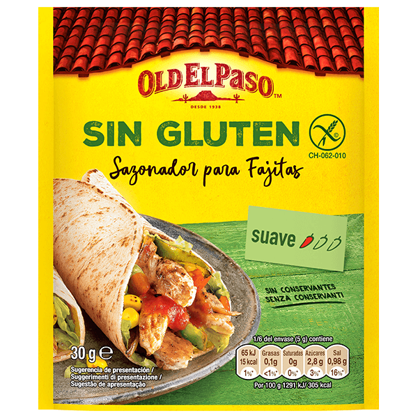 un paquete de sazonador para fajitas sin gluten Old el paso, 30g