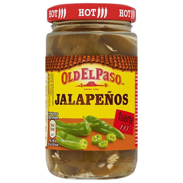 un frasco de vidrio de jalapeños Old el paso fuerte