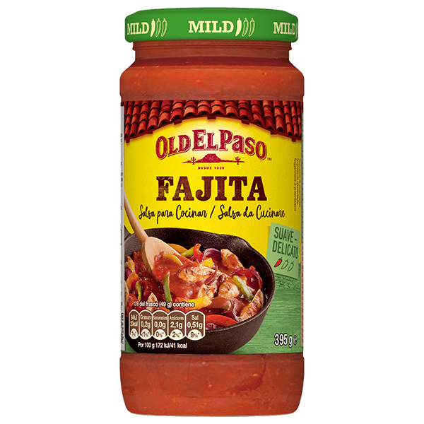 un frasco de vidrio de Old el paso salsa para cocinar fajitas suave, 395g