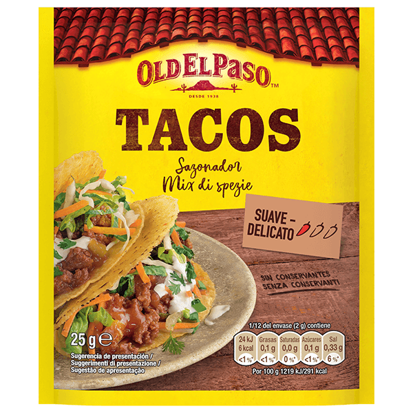 un paquete de sazonador suave para tacos Old el paso, 25g