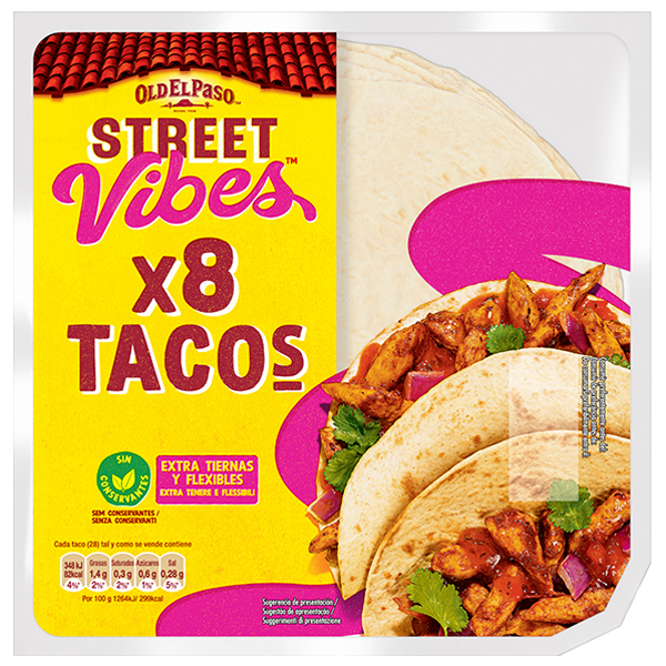 un paquete de Old el paso street vibes 8 tacos suaves
