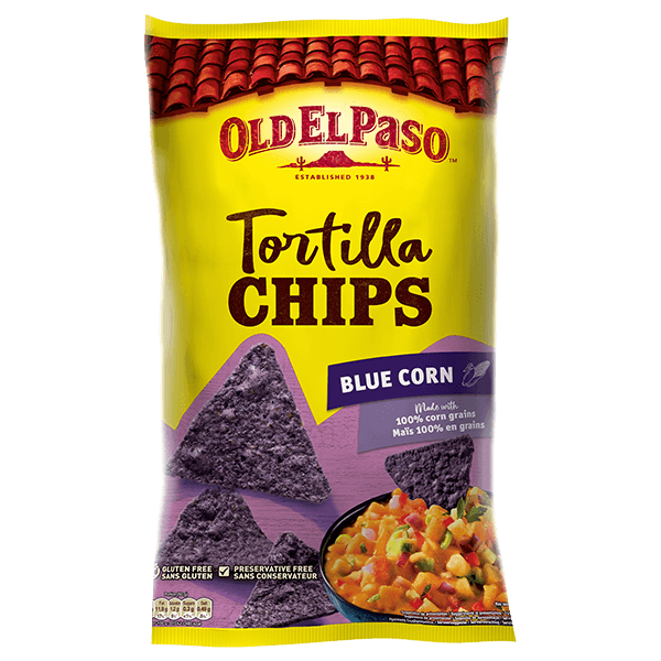 un paquete de chips de tortilla de maíz azul Old el paso
