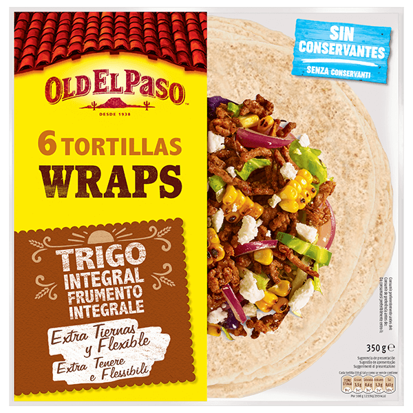 un paquete de Old el paso 6 tortillas wraps integrales, 350g